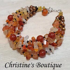 Gemstone bracelet, Agate, carnelian, freshwater pearl, sterling silver clasp